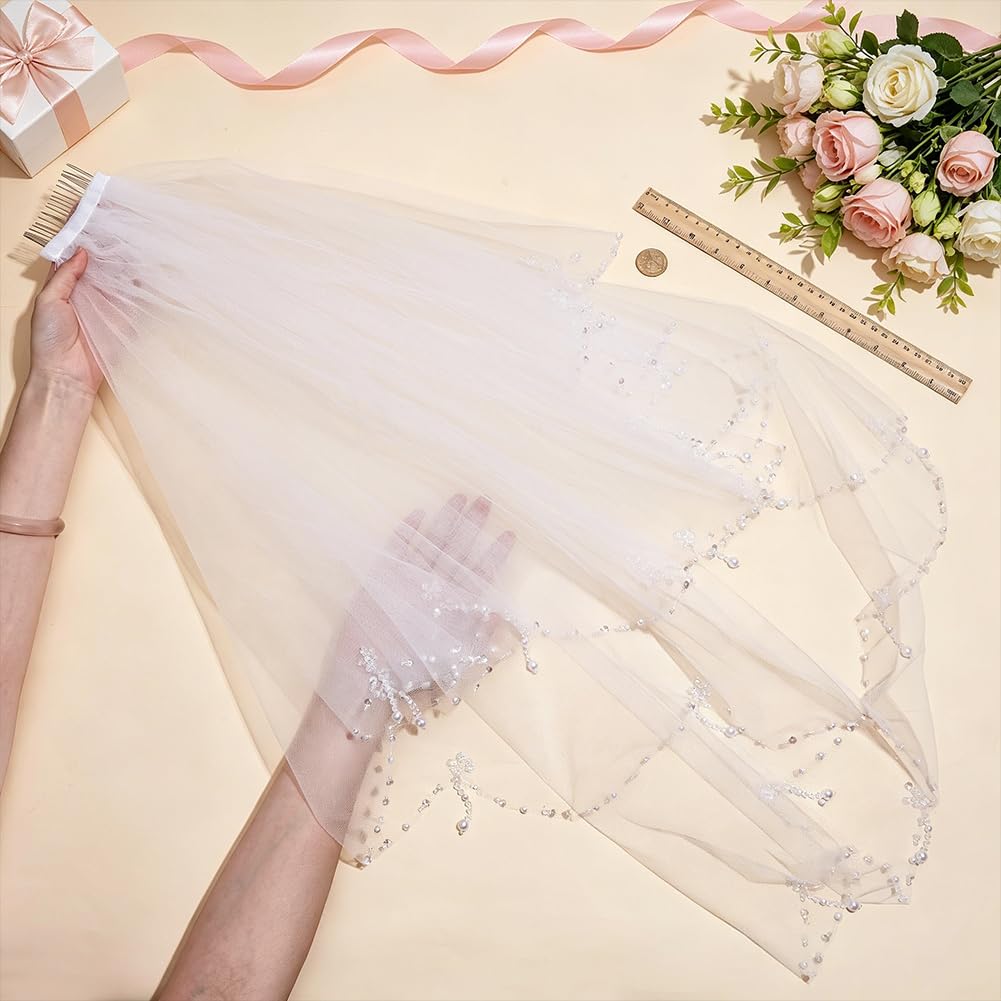 BENECREAT Voile Mariée Blanc Perles Peigne 60-80cm