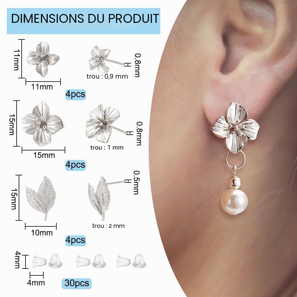 BENECREAT Clous Fleurs Feuilles 12 pcs Argenté Platine