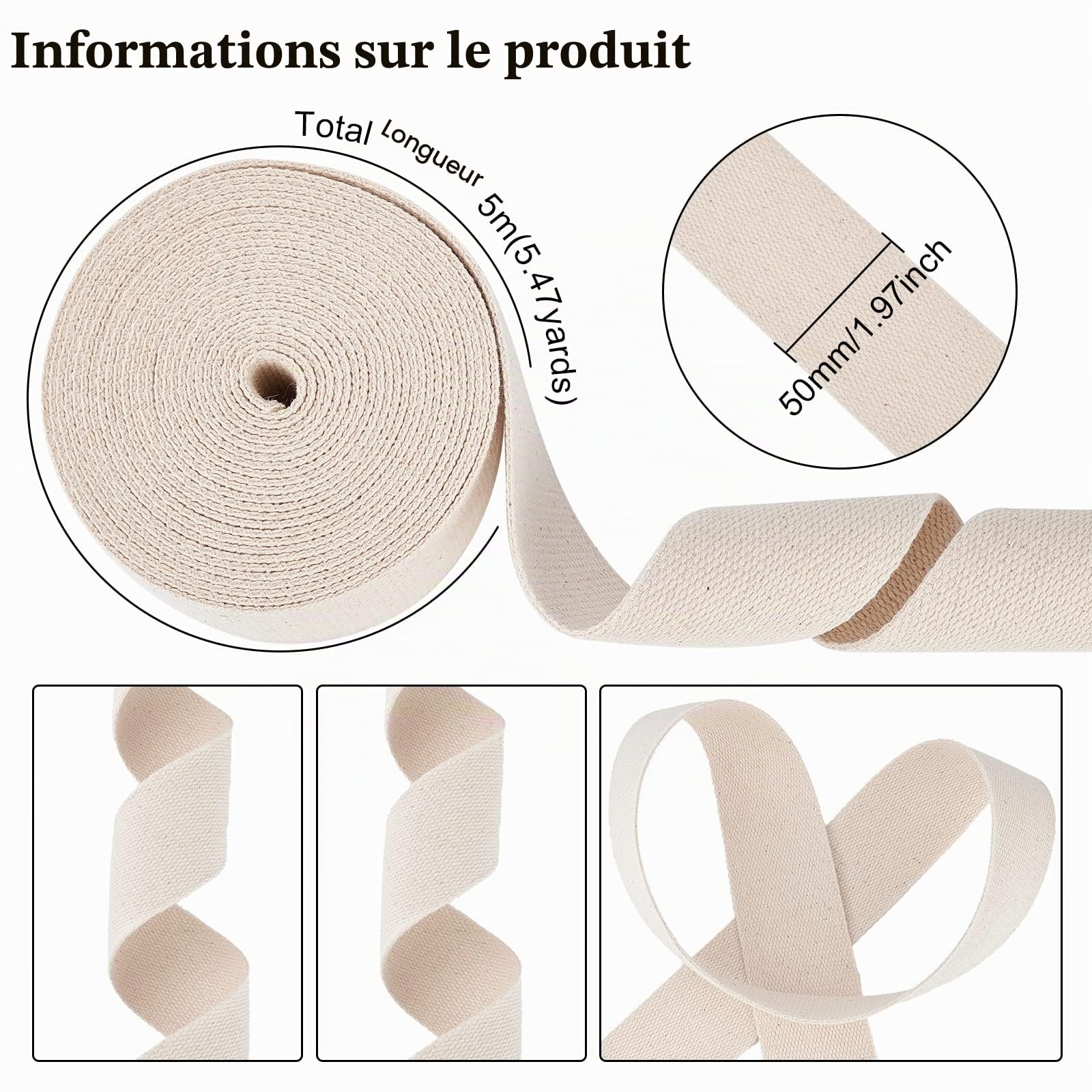 BENECREAT Ruban Sergé Sangle Coton Beige 5m x 50mm