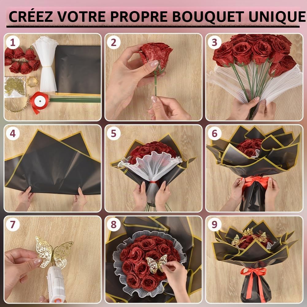 BENECREAT Kit Bouquet Fleurs DIY Roses Paillettes 40pcs Mariage