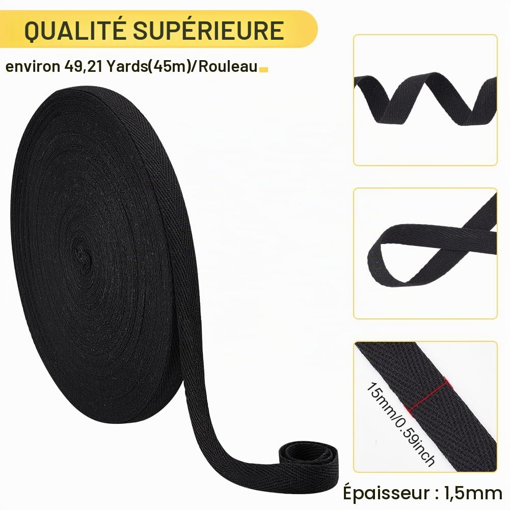 BENECREAT Ruban Sergé Coton 45m x 15mm Noir Chevrons