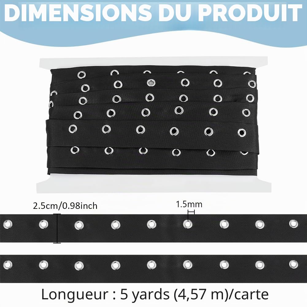 BENECREAT Ruban À Œillets Noir 4,5m 25mm Argent