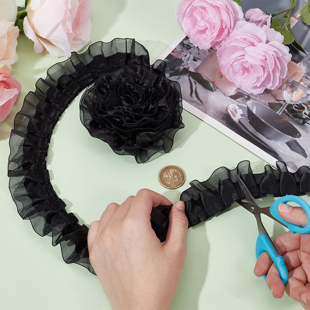 BENECREAT Ruban Organza Volants Noir 9,1 m 40 mm