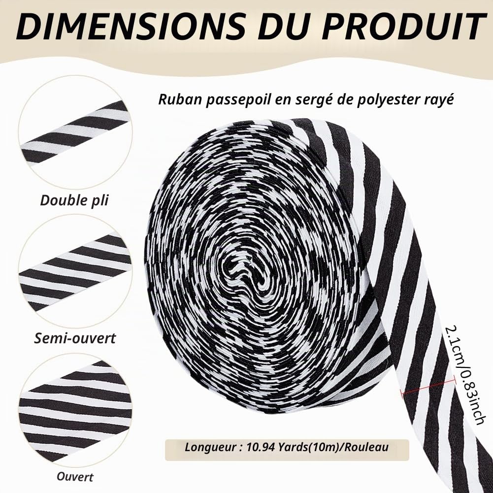 BENECREAT Biais Rayé Noir 10m Ruban 21mm Polyester