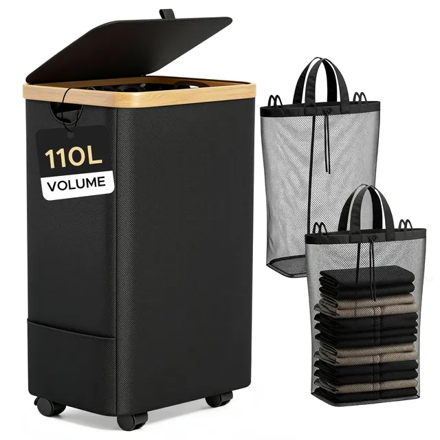 JYPS Panier à linge 110L 2 compartiments roulettes couvercle