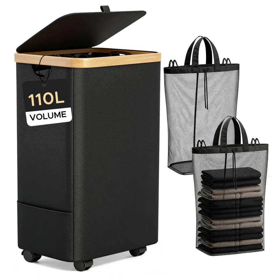 JYPS Panier à linge 110L 2 compartiments roulettes couvercle
