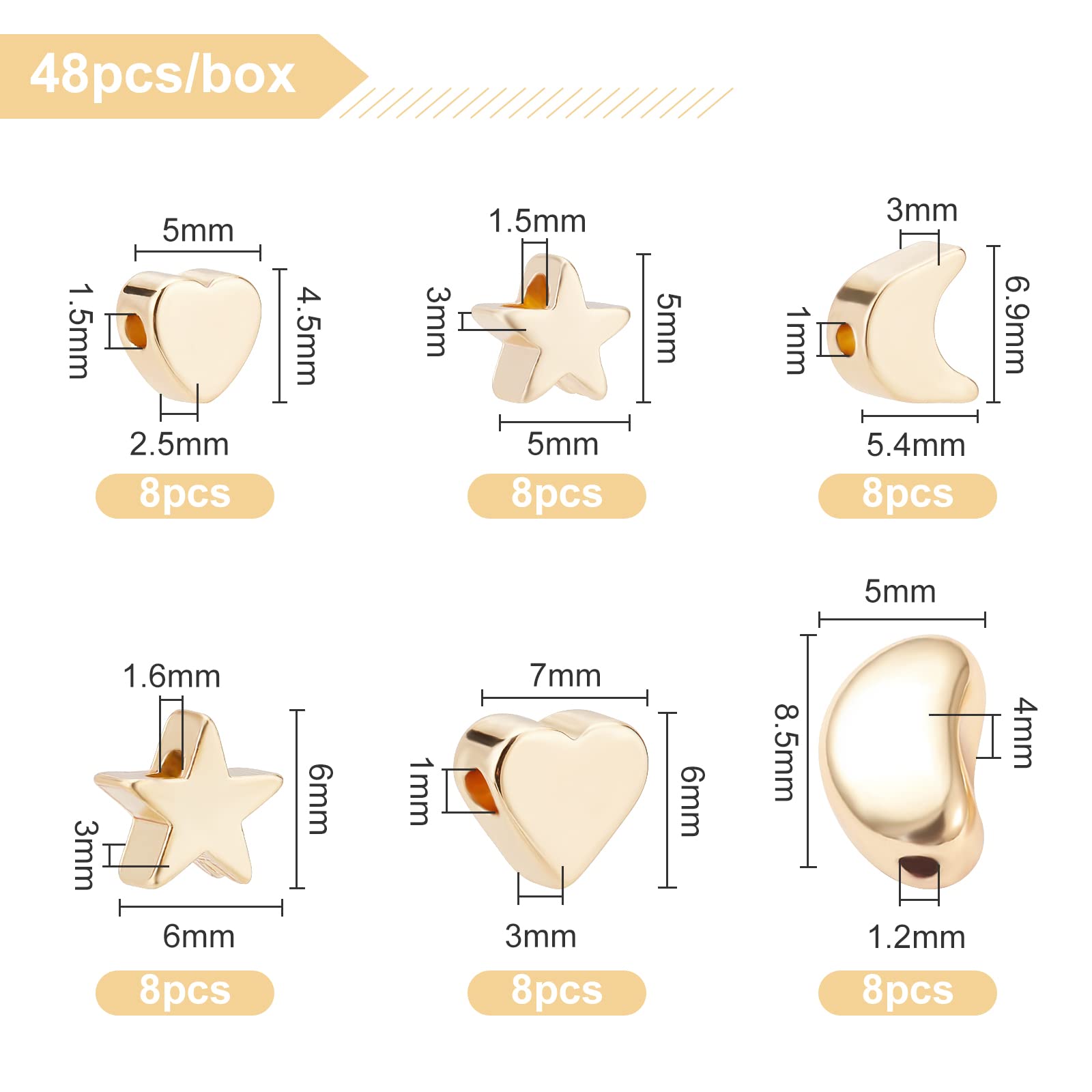 BENECREAT Perles laiton 18K étoile lune cœur 48 pcs doré