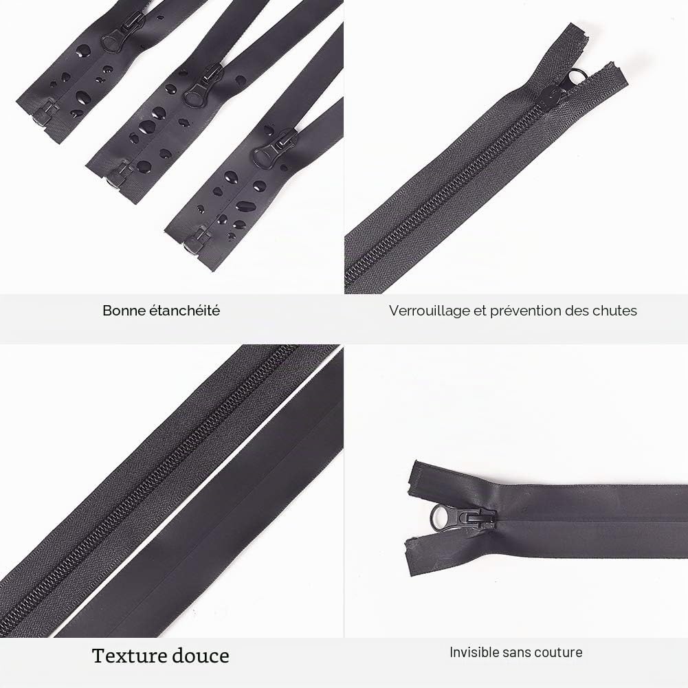 BENECREAT lot 5 fermetures éclair nylon noires imperméables 80 cm