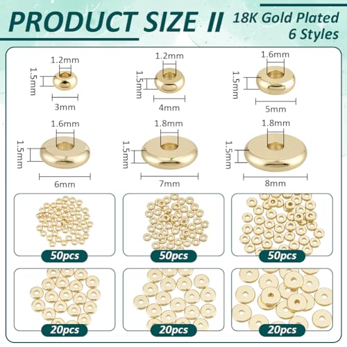 BENECREAT Perles intercalaires laiton or 18ct 210pcs 3-8mm