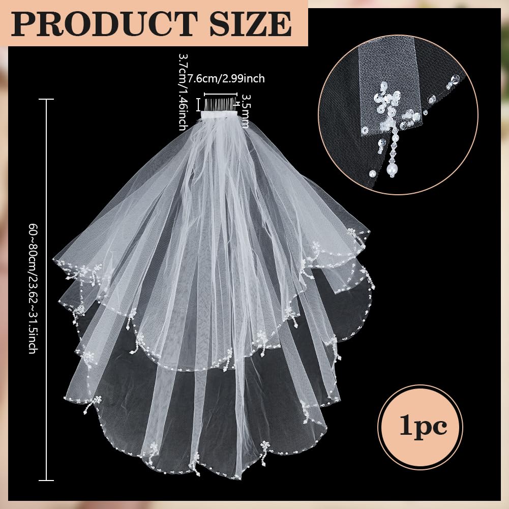 BENECREAT Voile Mariée Blanc Perles Peigne 60-80cm