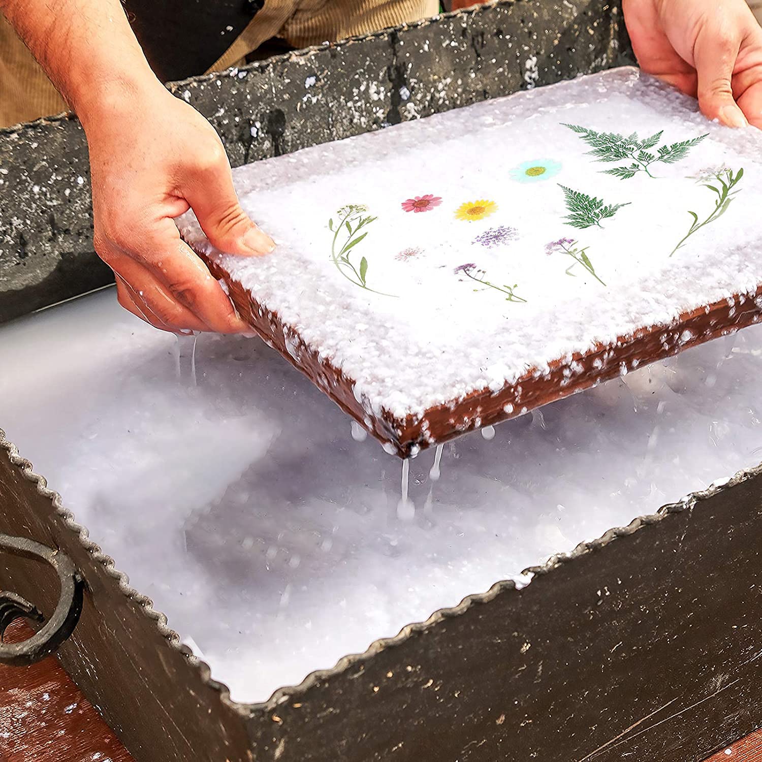 Cayway kit fabrication papier 9 pièces 3 cadres bois fleurs séchées