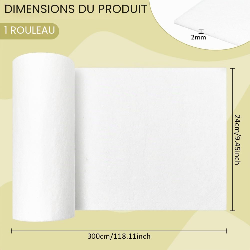 BENECREAT Feutre Tissu Rouleau 3m x 24cm 2mm Blanc