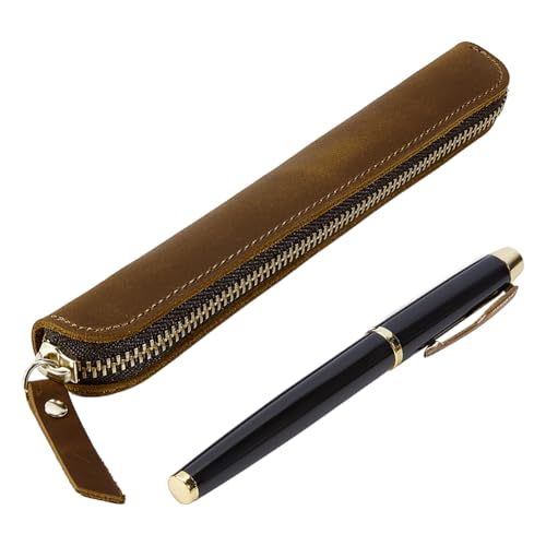 BENECREAT Étui stylo cuir zippé 19,5cm marron selle