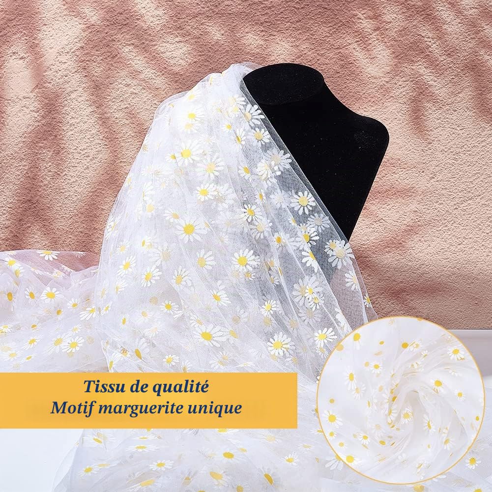 BENECREAT Tulle marguerites blanc 2 m x 3,66 m couture
