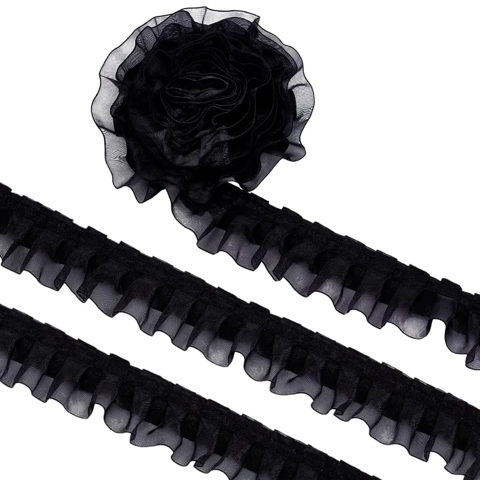 BENECREAT Ruban Organza Volants Noir 9,1 m 40 mm