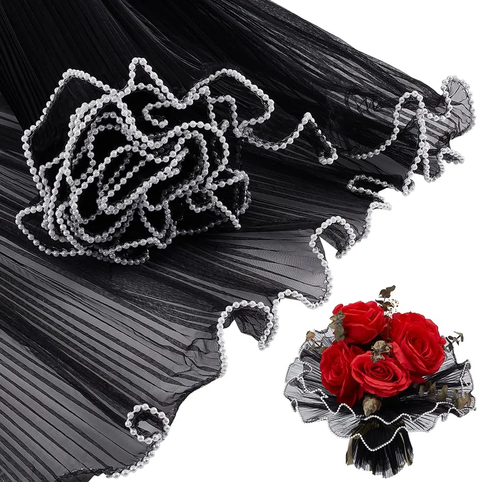 BENECREAT papier emballage fleurs bord perles noir 4 m translucide