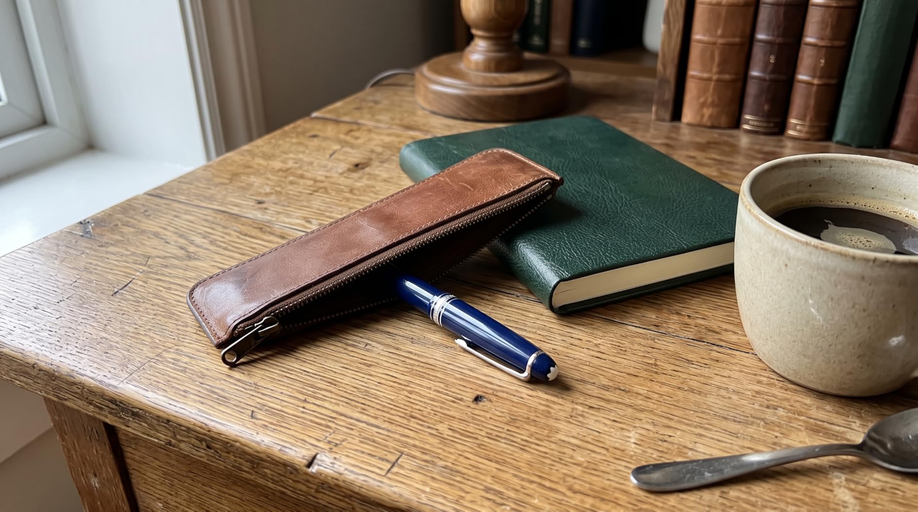 BENECREAT Étui stylo cuir zippé 19,5cm marron selle