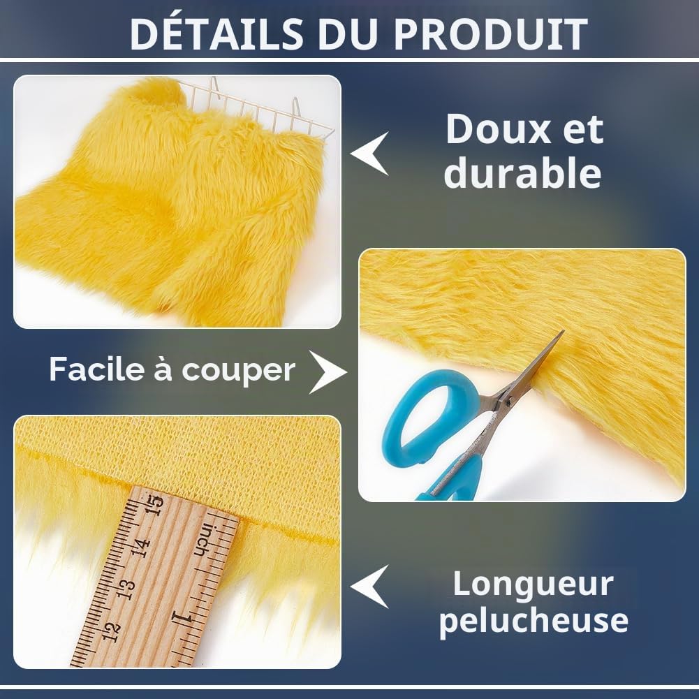 BENECREAT tissu fausse fourrure jaune 40x40cm poils 3cm