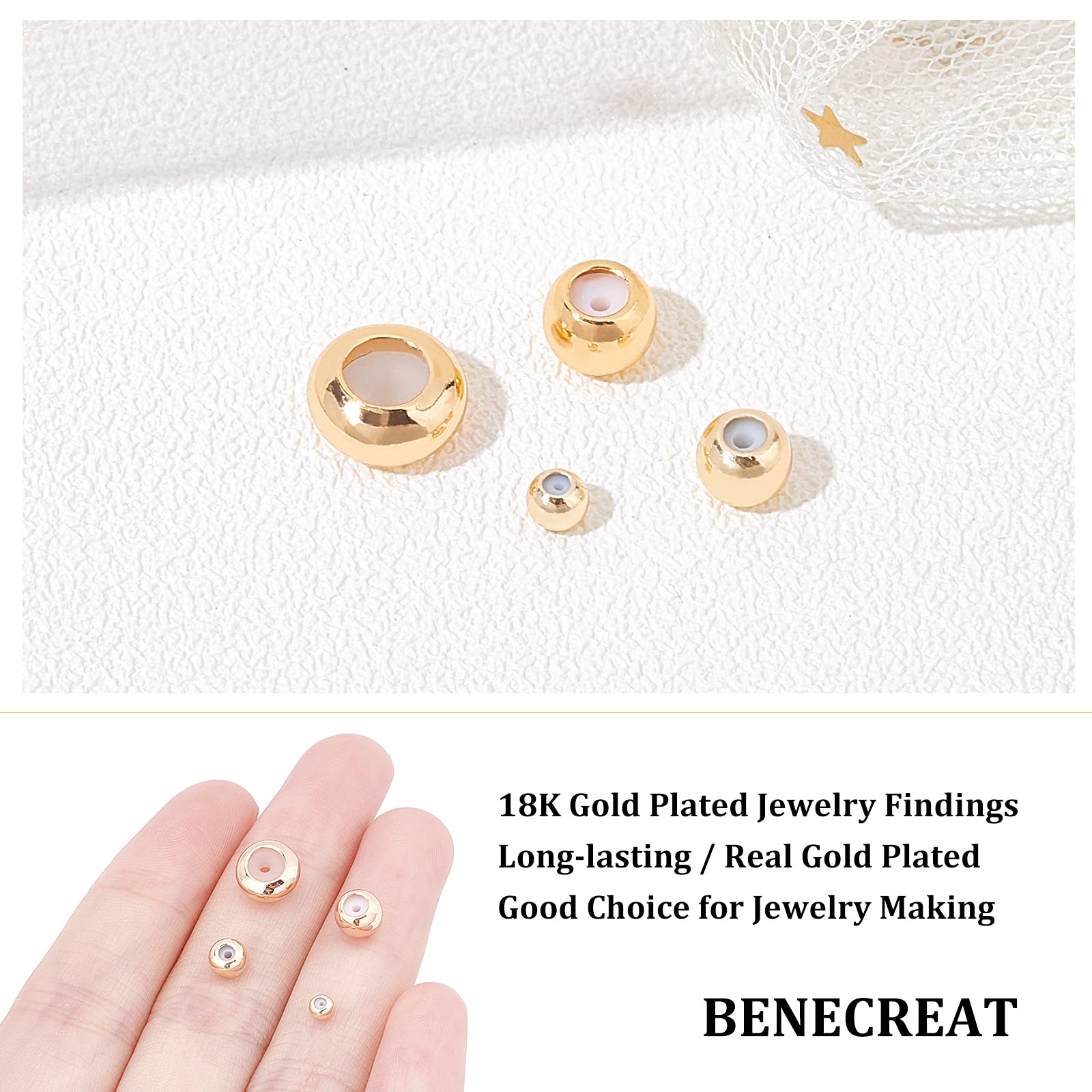 BENECREAT Perles stoppeur plaqué or 18K 40 pcs 4 tailles