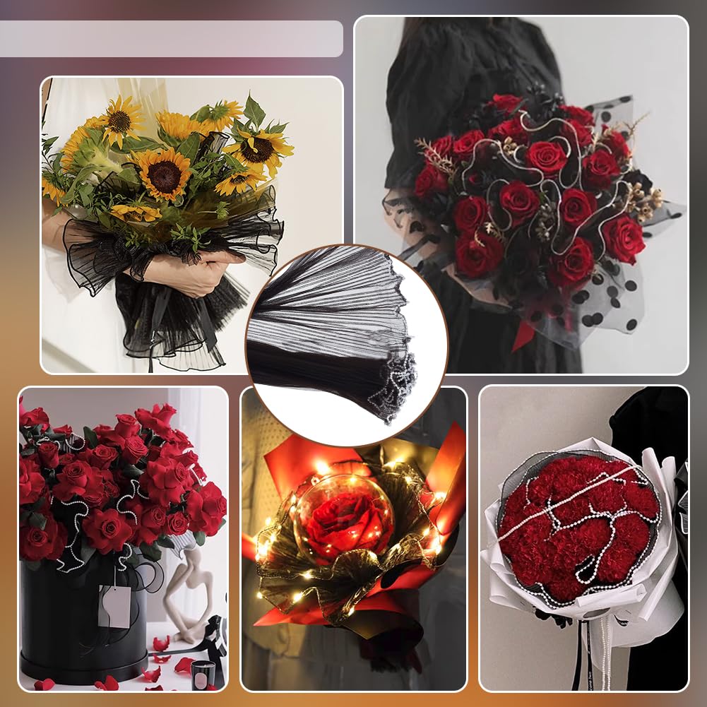BENECREAT papier emballage fleurs bord perles noir 4 m translucide