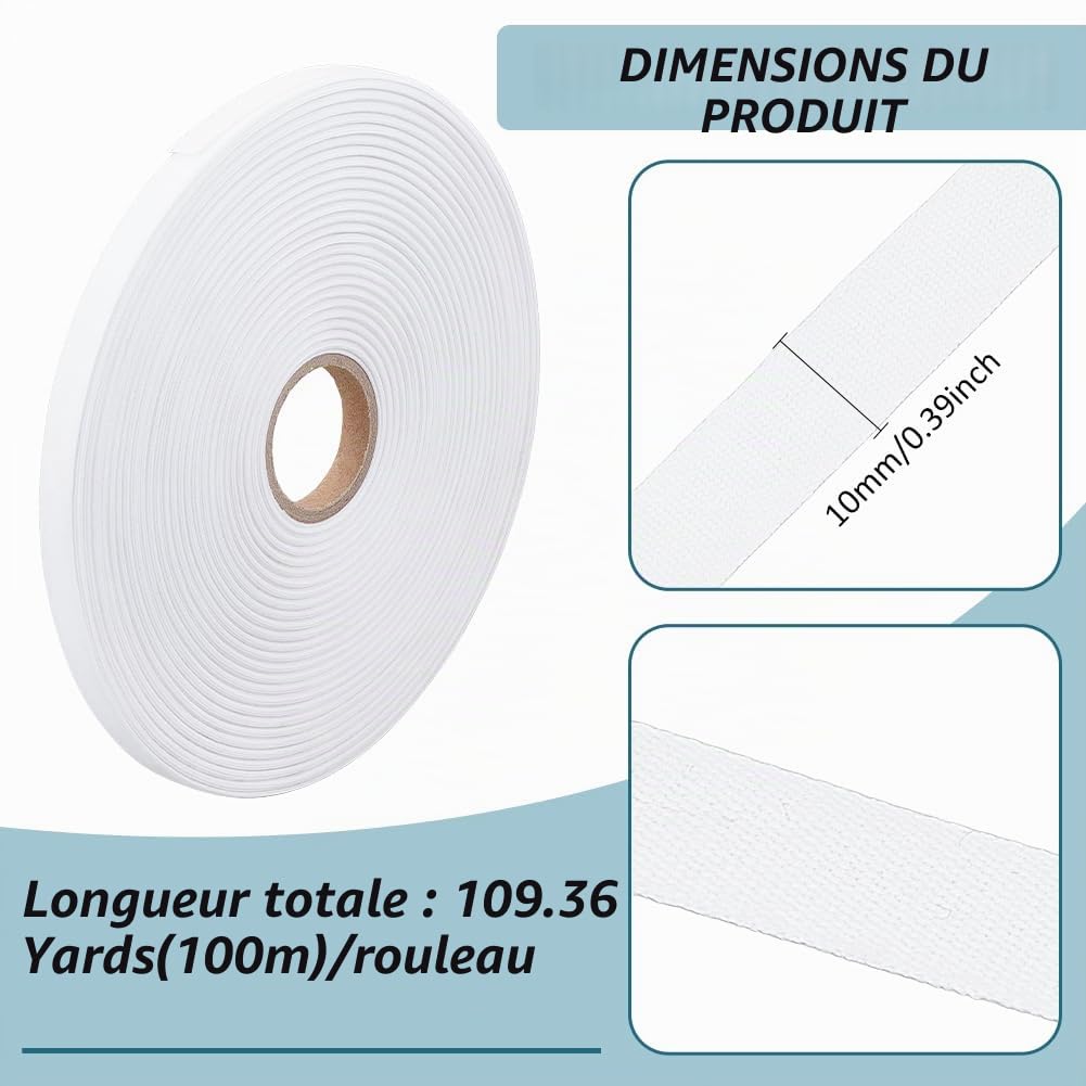 BENECREAT Étiquettes Tissu à Coudre Blanches 10mm 100m