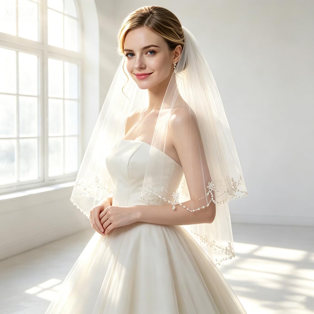 BENECREAT Voile Mariée Blanc Perles Peigne 60-80cm