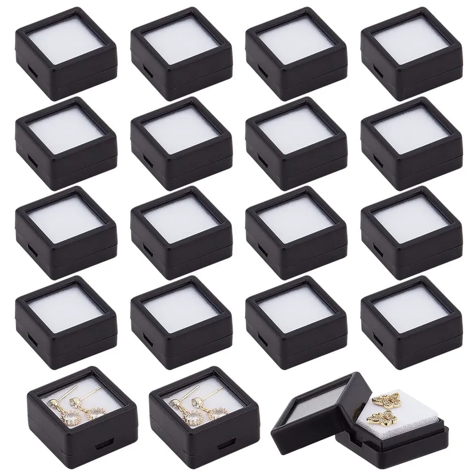 BENECREAT boîtes gemmes noires verre 2,9cm 16 pcs
