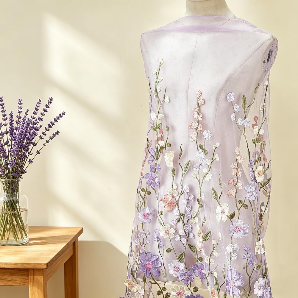 BENECREAT tissu dentelle fleurs 3D tulle mauve 1,66m
