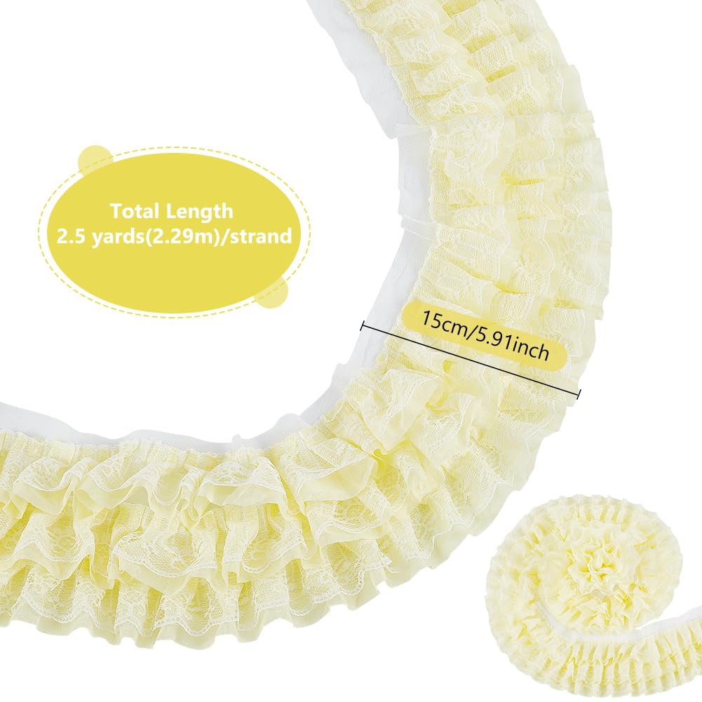 BENECREAT Galon Dentelle Plissée 3 Couches Jaune Clair 150mm x 2,3m