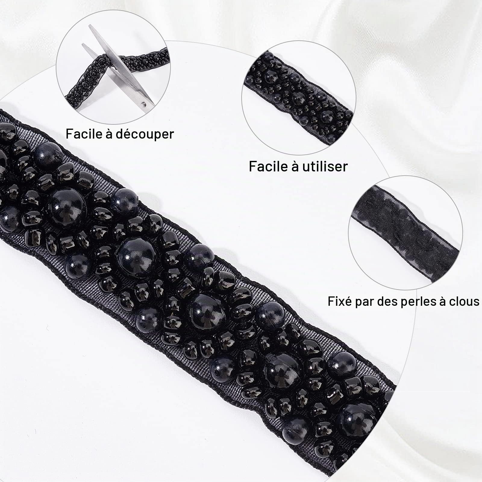 BENECREAT Ruban perlé noir strass 3m mariage