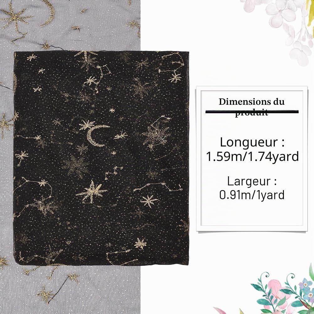 BENECREAT Tulle pailleté étoiles lune tissu noir 90x159 cm