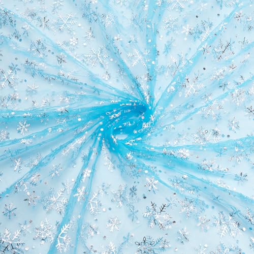 BENECREAT Tissu Tulle Bleu Flocon Argent 90x160cm Noël